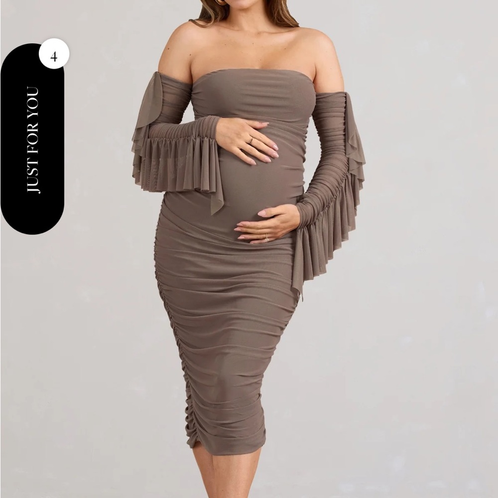 Club L AROMA 
BROWN RUCHED MESH MATERNITY MIDI DRESS WITH RUFFLED SLEEVES